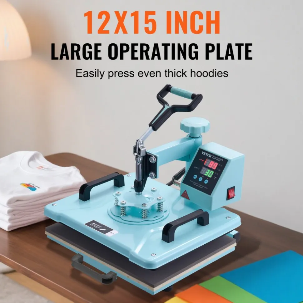 VEVOR Heat Press Machine, 12 x 15 inch, 2 in 1 Heat Transfer Machine with Hat Press, 360° Swing Away T-Shirt Pressing Machine, Digital Precise Control, Fast Even Heating for T-Shirts/Hats/Caps, Green