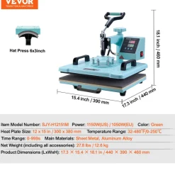 VEVOR Heat Press Machine, 12 x 15 inch, 2 in 1 Heat Transfer Machine with Hat Press, 360° Swing Away T-Shirt Pressing Machine, Digital Precise Control, Fast Even Heating for T-Shirts/Hats/Caps, Green