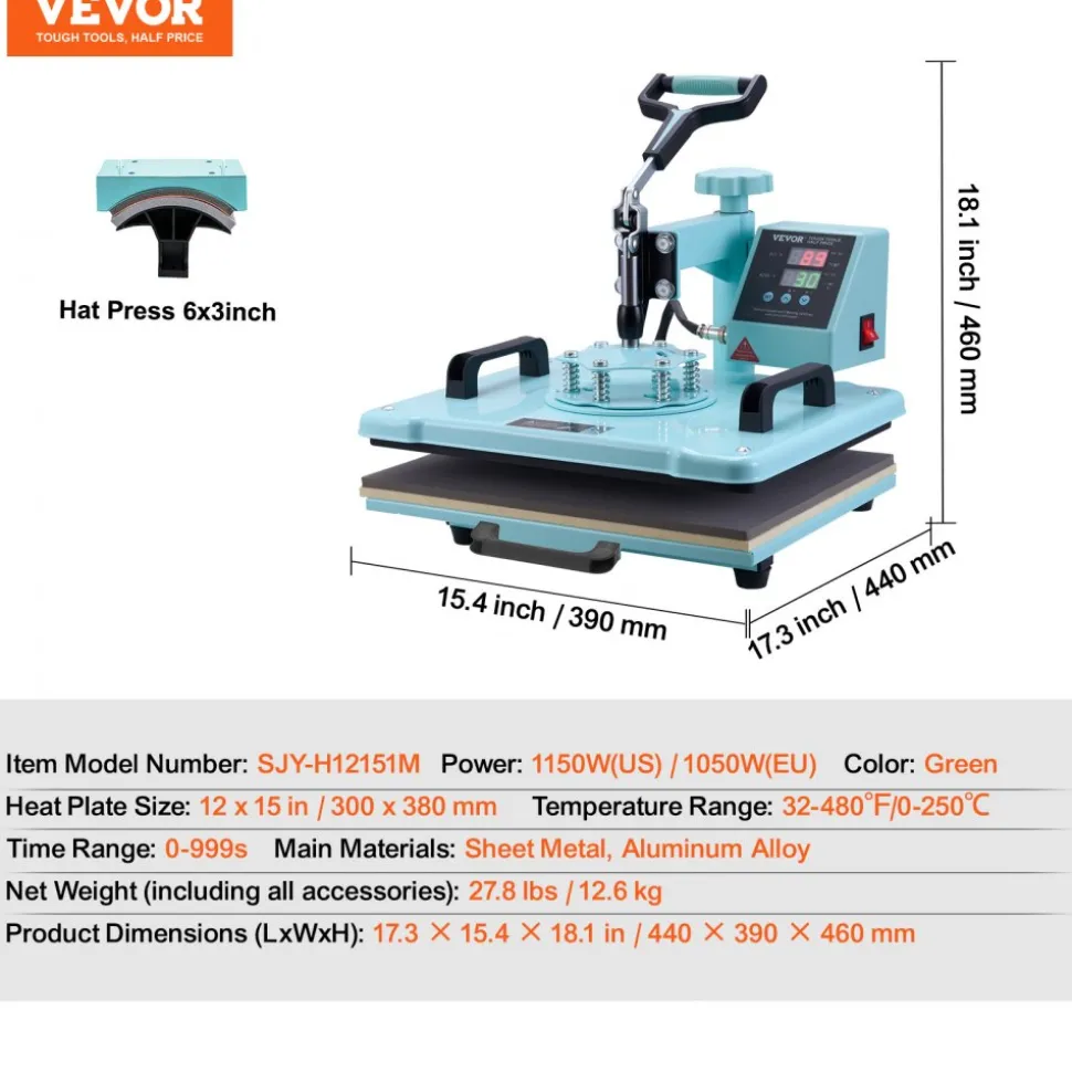 VEVOR Heat Press Machine, 12 x 15 inch, 2 in 1 Heat Transfer Machine with Hat Press, 360° Swing Away T-Shirt Pressing Machine, Digital Precise Control, Fast Even Heating for T-Shirts/Hats/Caps, Green