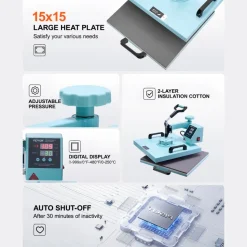 VEVOR Heat Press Machine, 15 x 15 inch, 8 in 1 Heat Transfer Machine with 6-30 oz Tumbler Press, 360° Swing Away T-Shirt Pressing, Digital Precise Control, for T-Shirts/Mugs/Hats/Plates, Green