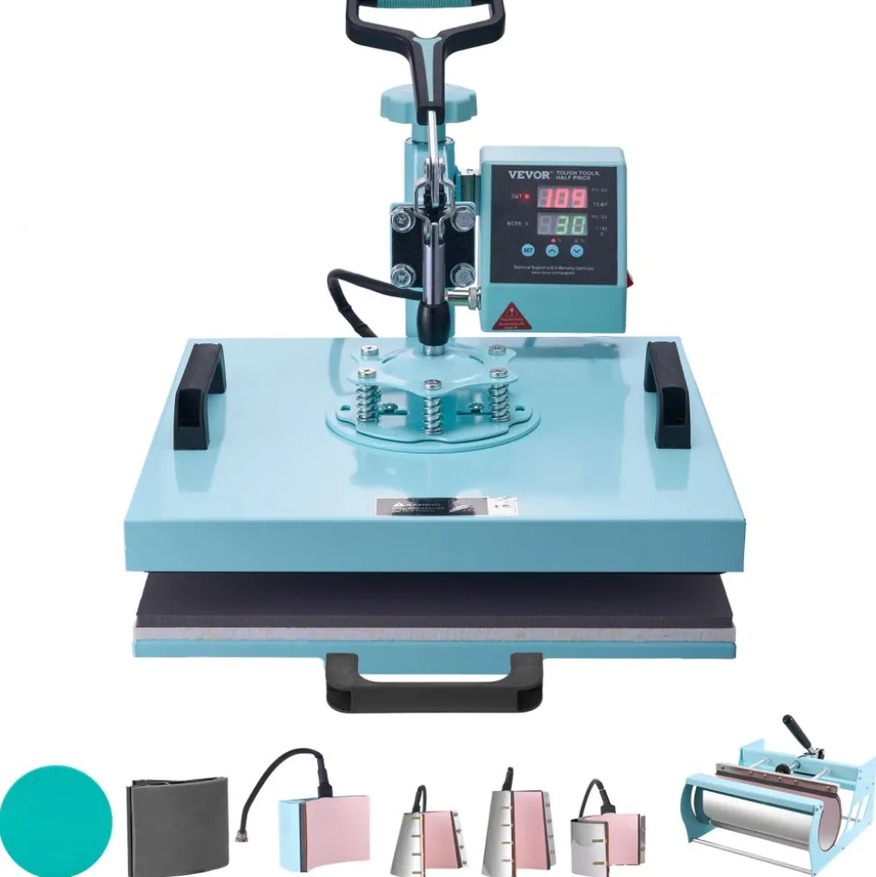 VEVOR Heat Press Machine, 15 x 15 inch, 8 in 1 Heat Transfer Machine with 6-30 oz Tumbler Press, 360° Swing Away T-Shirt Pressing, Digital Precise Control, for T-Shirts/Mugs/Hats/Plates, Green