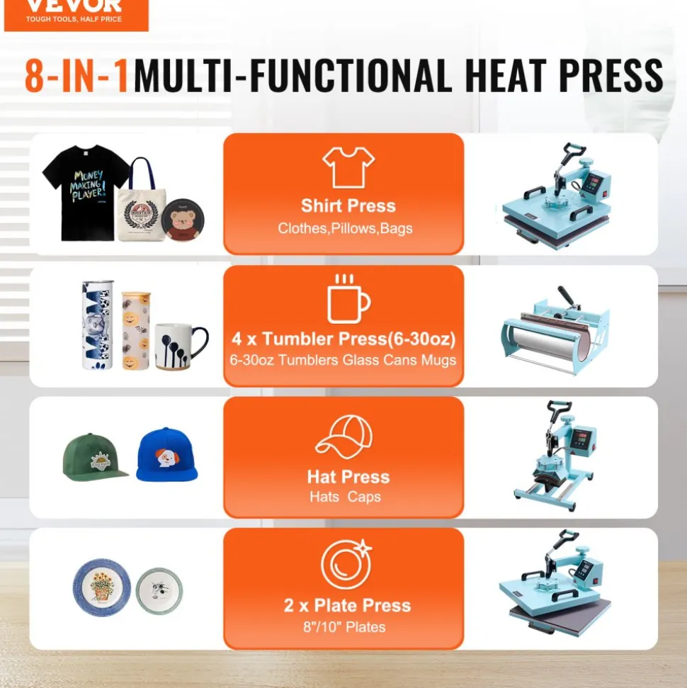 VEVOR Heat Press Machine, 15 x 15 inch, 8 in 1 Heat Transfer Machine with 6-30 oz Tumbler Press, 360° Swing Away T-Shirt Pressing, Digital Precise Control, for T-Shirts/Mugs/Hats/Plates, Green