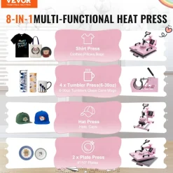 VEVOR Heat Press Machine, 15 x 15 inch, 5 in 1 Heat Transfer Machine with 30 oz Tumbler Press, 360° Swing Away T-Shirt Pressing, Digital Precise Control, for T-Shirts/Mugs/Hats/Plates, Pink