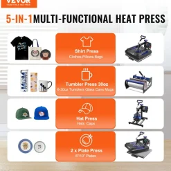 VEVOR Heat Press Machine, 15 x 15 inch, 5 in 1 Heat Transfer Machine with 30 oz Tumbler Press, 360° Swing Away Digital T-Shirt Pressing, Teflon Coating, for T-Shirts/Mugs/Hats/Plates, Black+Blue