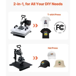 VEVOR Heat Press Machine, 15 x 15 in, 2-in-1 Multifunction, 360° Swing Away, 1200W Double Tube Fast and Even Heating, Digital Precise Control, Sublimation Press Machine for T-Shirts, Hats, Caps