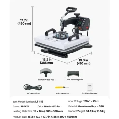 VEVOR Heat Press Machine, 15 x 15 in, 2-in-1 Multifunction, 360° Swing Away, 1200W Double Tube Fast and Even Heating, Digital Precise Control, Sublimation Press Machine for T-Shirts, Hats, Caps