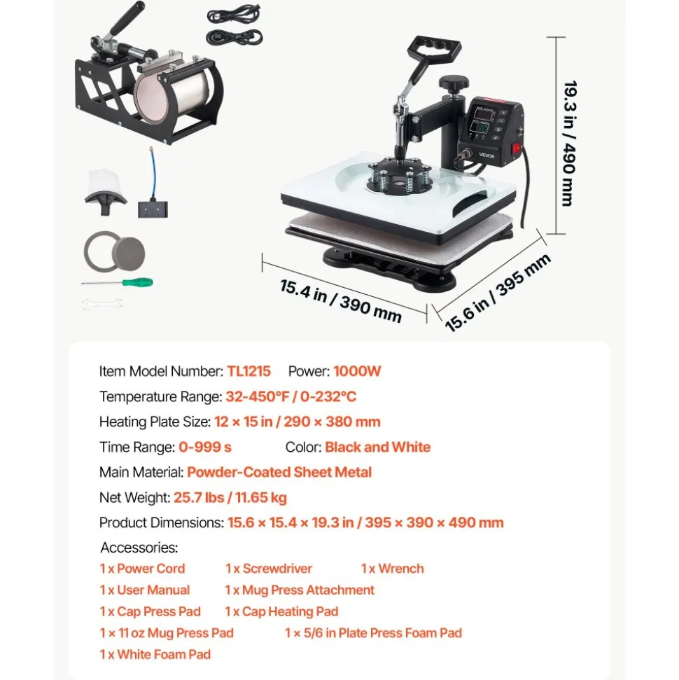VEVOR Heat Press Machine 12 x 15 in 5-in-1 Combo Sublimation Press Machine, Heat Up Fast and Even, Digital Precise Time and Temp Control, Multi-Function, for T-Shirts, Mugs, Tumblers, Caps, Plates