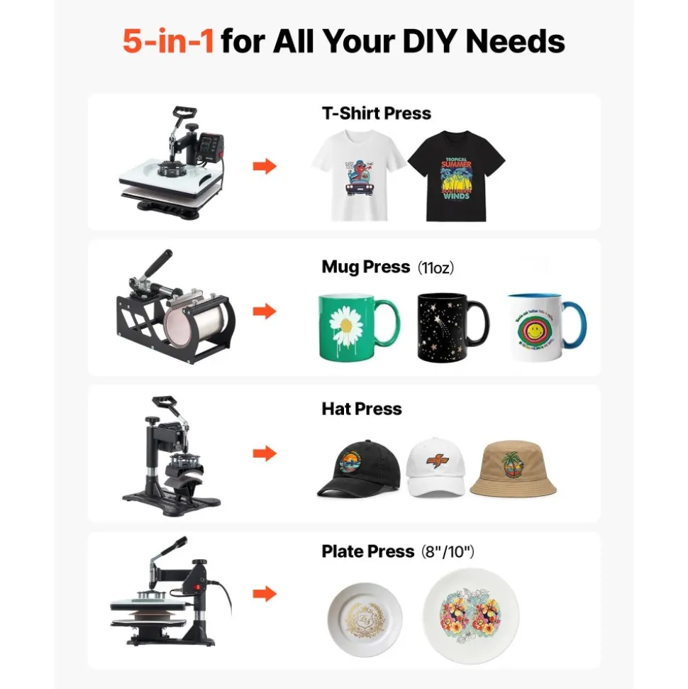 VEVOR Heat Press Machine 12 x 15 in 5-in-1 Combo Sublimation Press Machine, Heat Up Fast and Even, Digital Precise Time and Temp Control, Multi-Function, for T-Shirts, Mugs, Tumblers, Caps, Plates