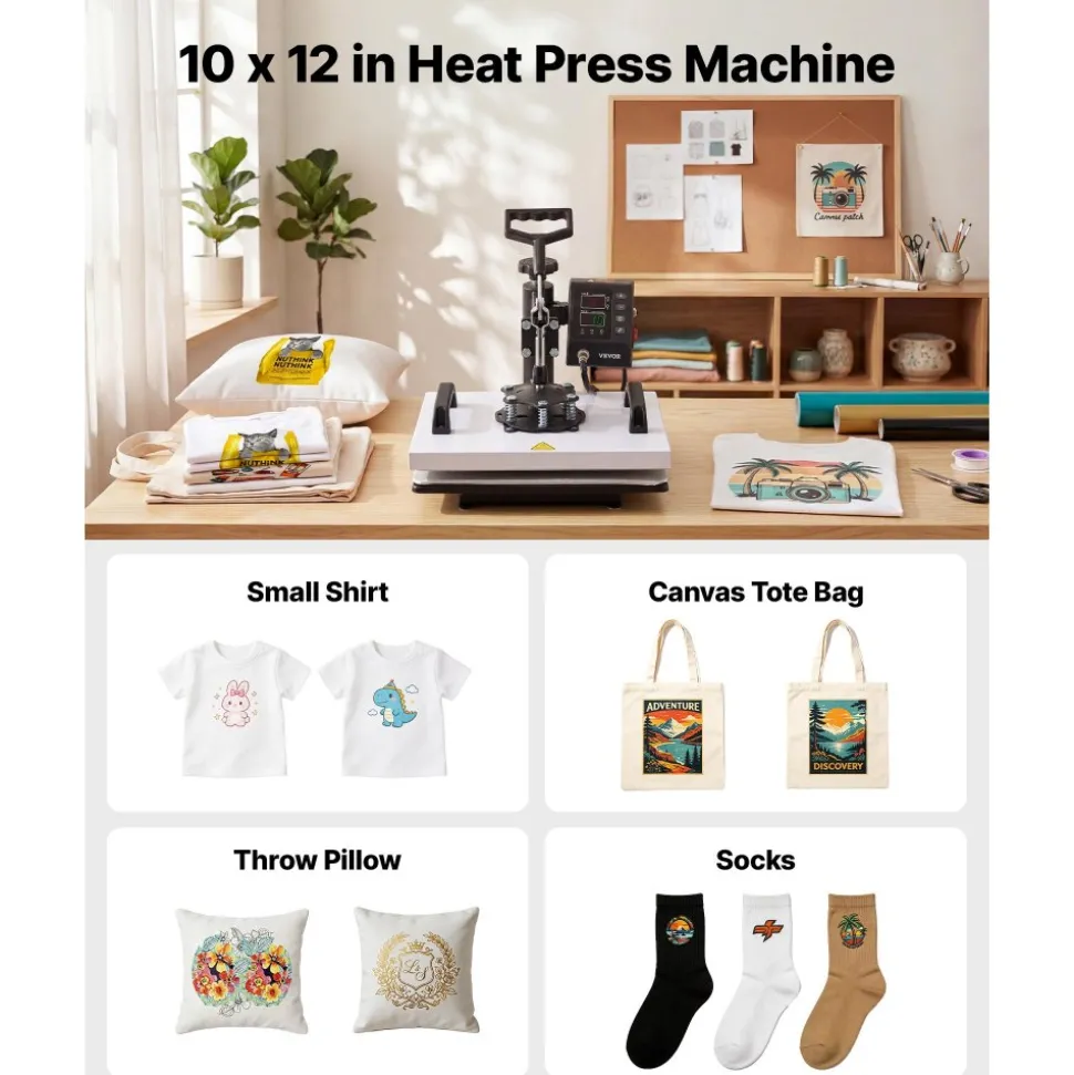 VEVOR Heat Press Machine 12 x 10 in Sublimation Press Machine Swing Away, Heat Up Fast and Even, Digital Precise Time and Temperature Control, for T-Shirts, Canvas Tote Bag, Pillowcases, Socks
