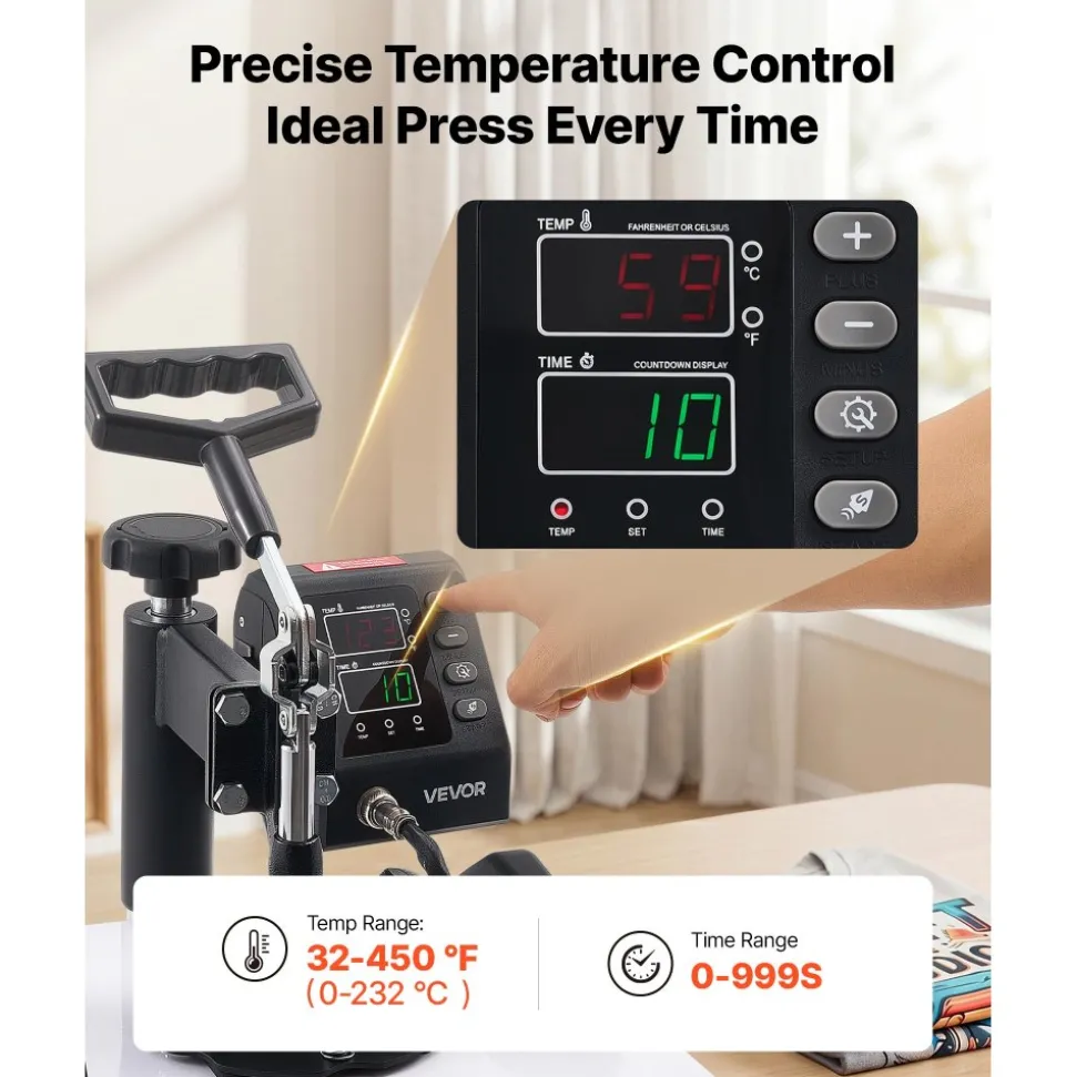 VEVOR Heat Press Machine 12 x 10 in Sublimation Press Machine Swing Away, Heat Up Fast and Even, Digital Precise Time and Temperature Control, for T-Shirts, Canvas Tote Bag, Pillowcases, Socks