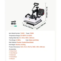 VEVOR Heat Press Machine 12 x 10 in Sublimation Press Machine Swing Away, Heat Up Fast and Even, Digital Precise Time and Temperature Control, for T-Shirts, Canvas Tote Bag, Pillowcases, Socks