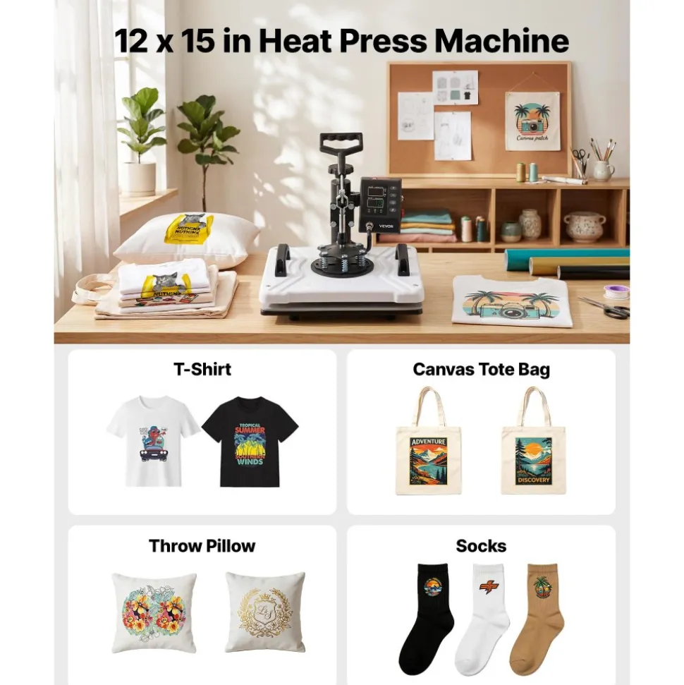 VEVOR Heat Press Machine 12 x 15 in Sublimation Press Machine Swing Away, Heat Up Fast and Even, Digital Precise Time and Temperature Control, for T-Shirts, Canvas Tote Bags, Pillowcases, Socks