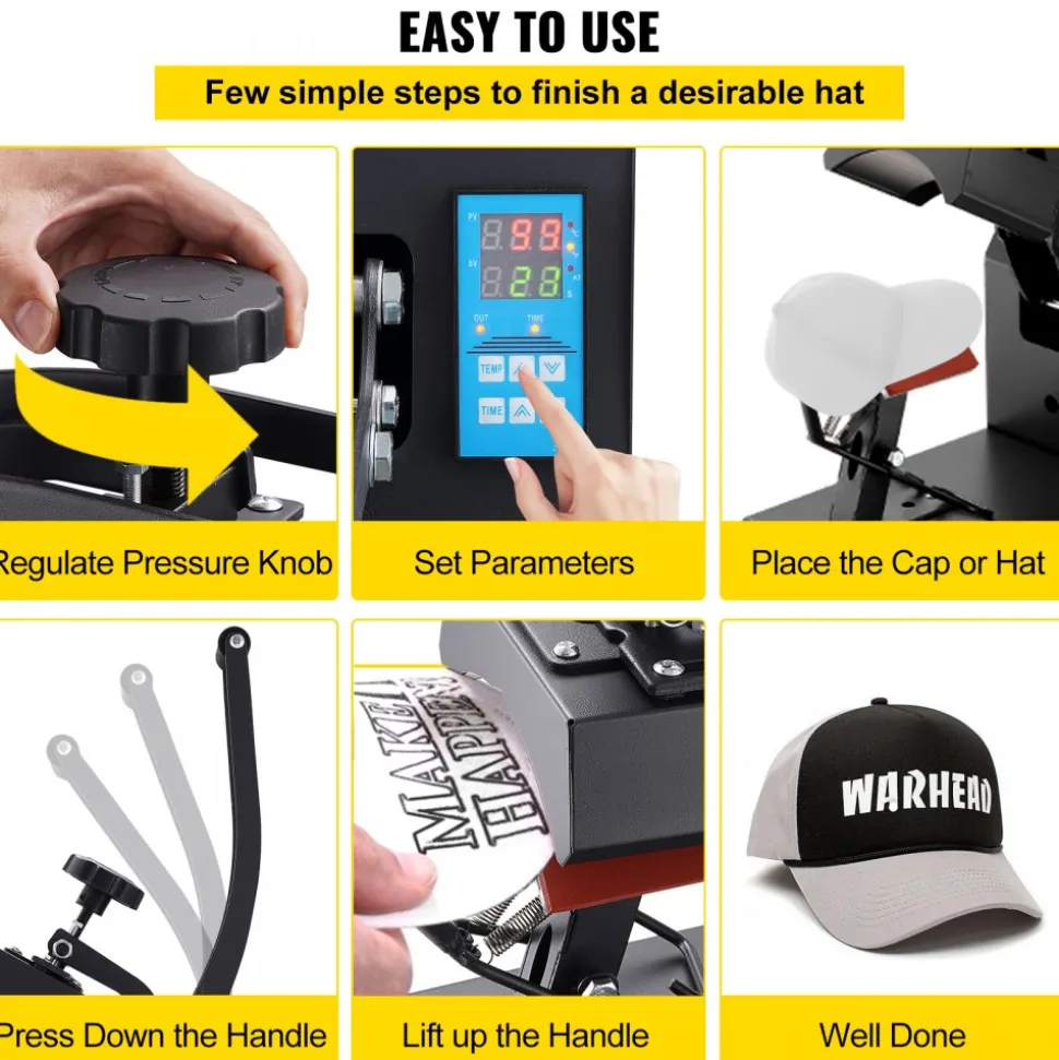 VEVOR Heat Press 6x3.75Inch Curved Element Hat Press Clamshell Design Heat Press for Hats Rigid Steel Frame No Stick Digital LCD Timer and Temperature Control (6x3.75Inch Clamshell Design)