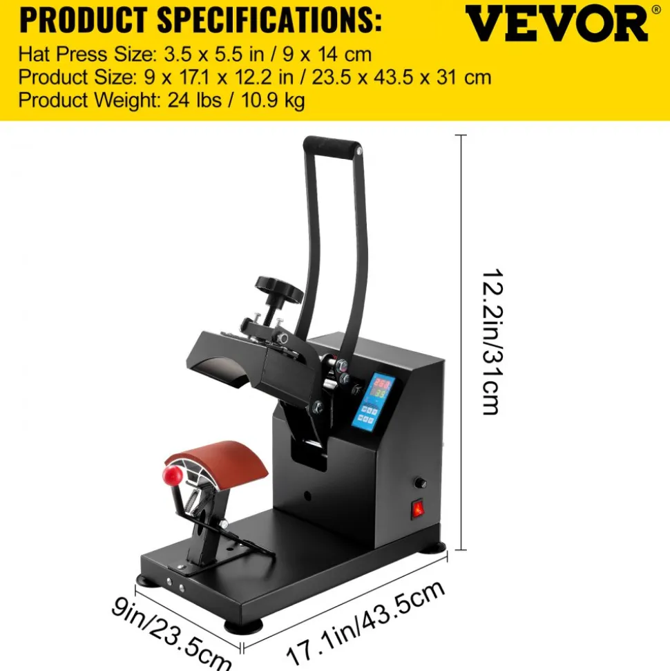 VEVOR Heat Press 6x3.75Inch Curved Element Hat Press Clamshell Design Heat Press for Hats Rigid Steel Frame No Stick Digital LCD Timer and Temperature Control (6x3.75Inch Clamshell Design)