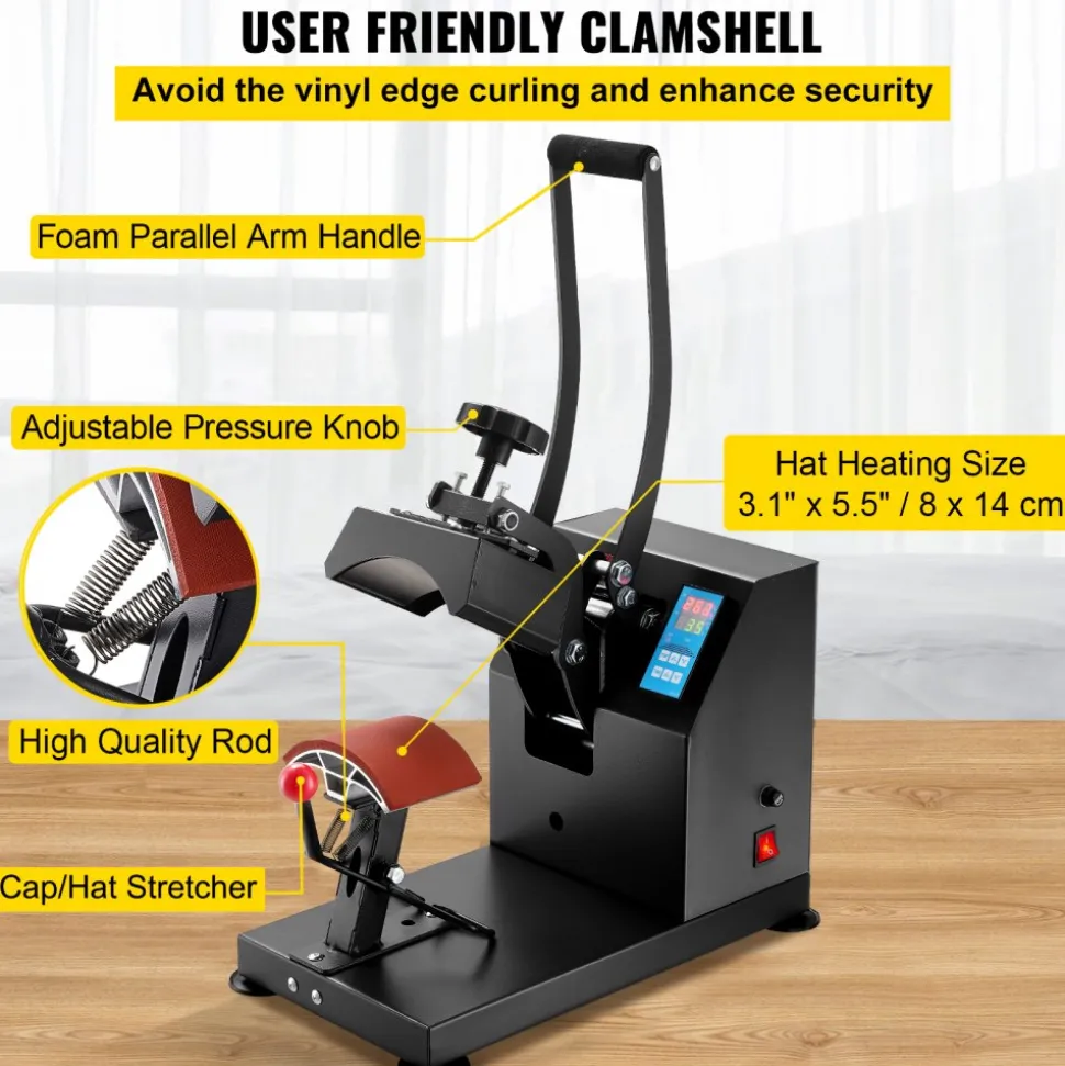 VEVOR Heat Press 6x3.75Inch Curved Element Hat Press Clamshell Design Heat Press for Hats Rigid Steel Frame No Stick Digital LCD Timer and Temperature Control (6x3.75Inch Clamshell Design)