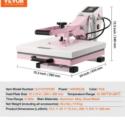 VEVOR Heat Press, 15 x 15 inch Digital Heat Press Machine, Slide Out Heat Transfer Machine, Fast and Even Heating, 2-Layer Insulation Cotton, Heat Transfer Machine for T-Shirts/Pillows/Bags, Pink