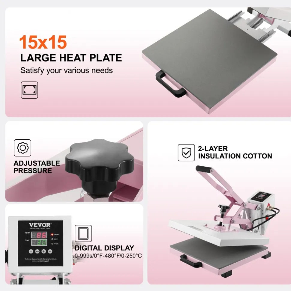 VEVOR Heat Press, 15 x 15 inch Digital Heat Press Machine, Slide Out Heat Transfer Machine, Fast and Even Heating, 2-Layer Insulation Cotton, Heat Transfer Machine for T-Shirts/Pillows/Bags, Pink