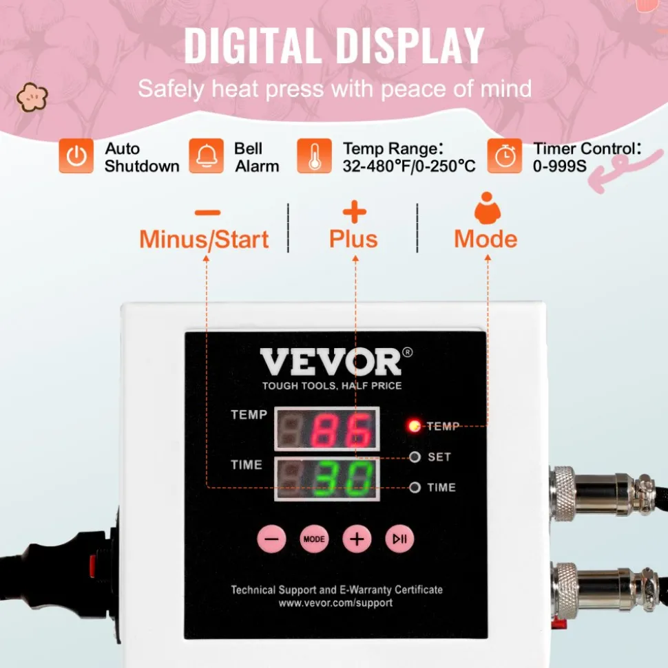 VEVOR Heat Press, 15 x 15 inch Digital Heat Press Machine, Slide Out Heat Transfer Machine, Fast and Even Heating, 2-Layer Insulation Cotton, Heat Transfer Machine for T-Shirts/Pillows/Bags, Pink