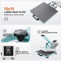 VEVOR Heat Press, 15 x 15 inch Digital Heat Press Machine, Slide Out Heat Transfer Machine, Fast and Even Heating, 2-Layer Insulation Cotton, Heat Transfer Machine for T-Shirts/Pillows/Bags, Green