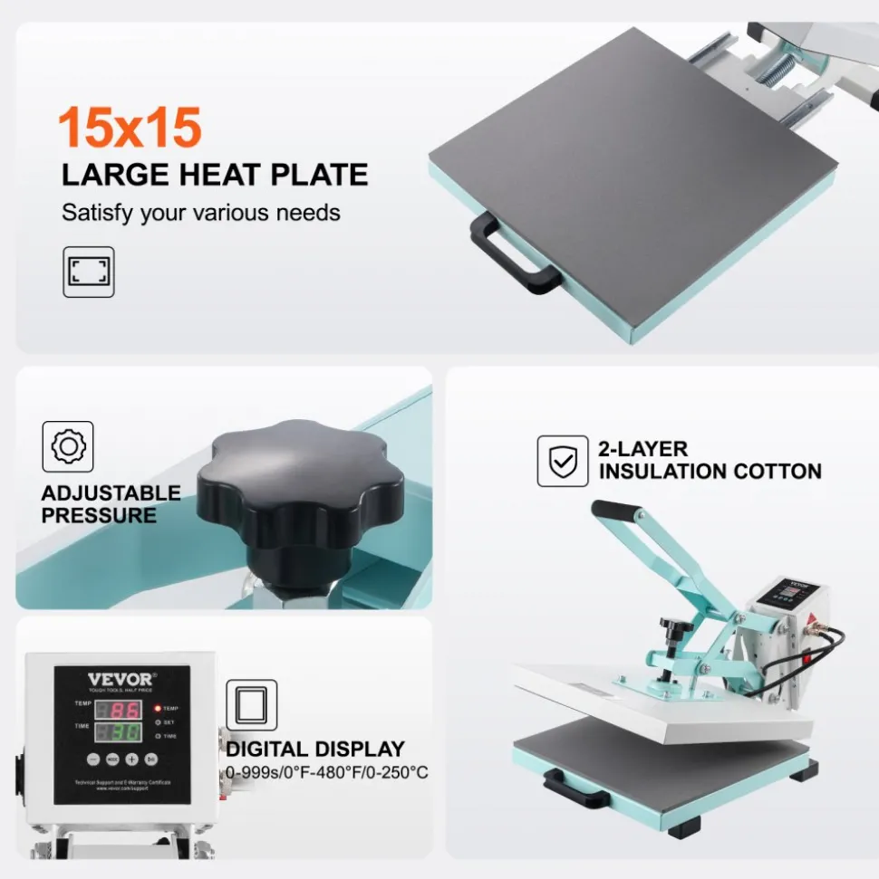 VEVOR Heat Press, 15 x 15 inch Digital Heat Press Machine, Slide Out Heat Transfer Machine, Fast and Even Heating, 2-Layer Insulation Cotton, Heat Transfer Machine for T-Shirts/Pillows/Bags, Green