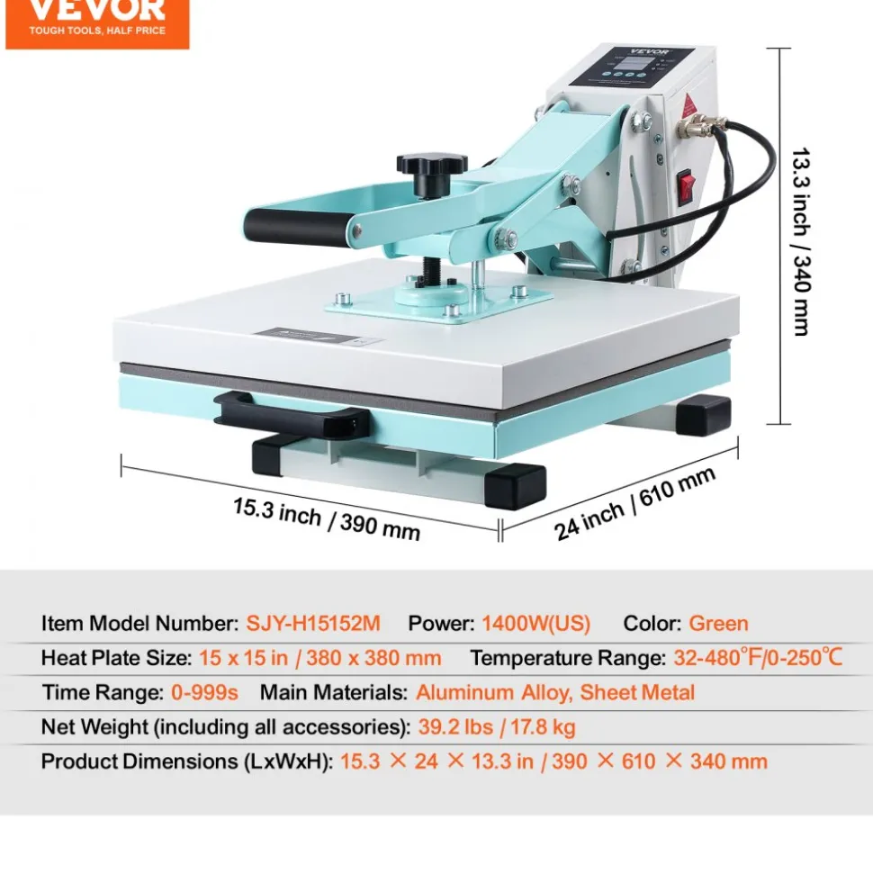 VEVOR Heat Press, 15 x 15 inch Digital Heat Press Machine, Slide Out Heat Transfer Machine, Fast and Even Heating, 2-Layer Insulation Cotton, Heat Transfer Machine for T-Shirts/Pillows/Bags, Green