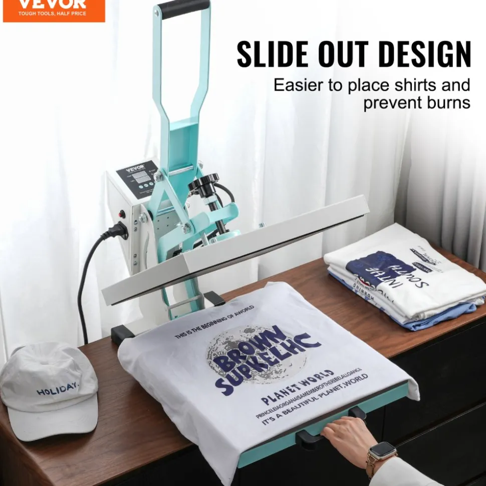 VEVOR Heat Press, 15 x 15 inch Digital Heat Press Machine, Slide Out Heat Transfer Machine, Fast and Even Heating, 2-Layer Insulation Cotton, Heat Transfer Machine for T-Shirts/Pillows/Bags, Green