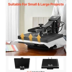 VEVOR Heat Press, 15 x 15 inch Heat Press Machine for T-shirts, Fast and Even Heating, Easy to Use, High Pressure for Digital Industrial-Quality Sublimation Printer for Transfer Vinyl, T-shirt, Black