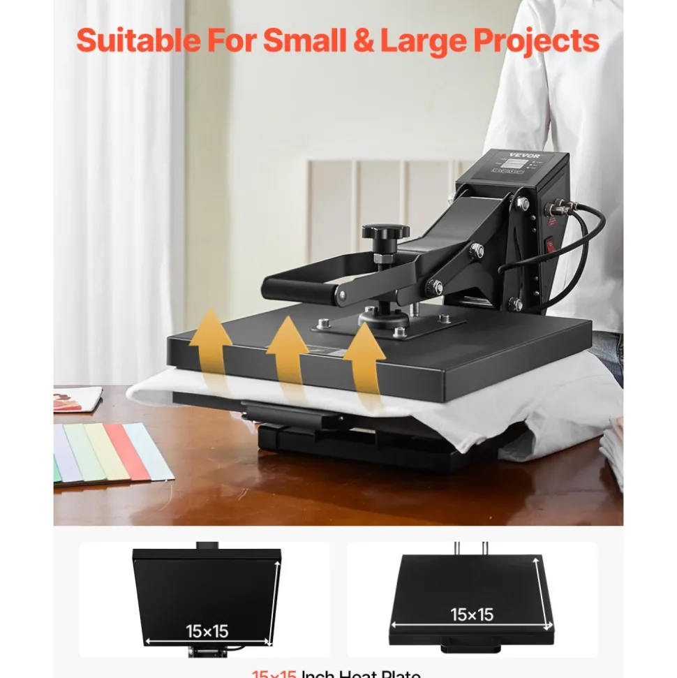 VEVOR Heat Press, 15 x 15 inch Heat Press Machine for T-shirts, Fast and Even Heating, Easy to Use, High Pressure for Digital Industrial-Quality Sublimation Printer for Transfer Vinyl, T-shirt, Black