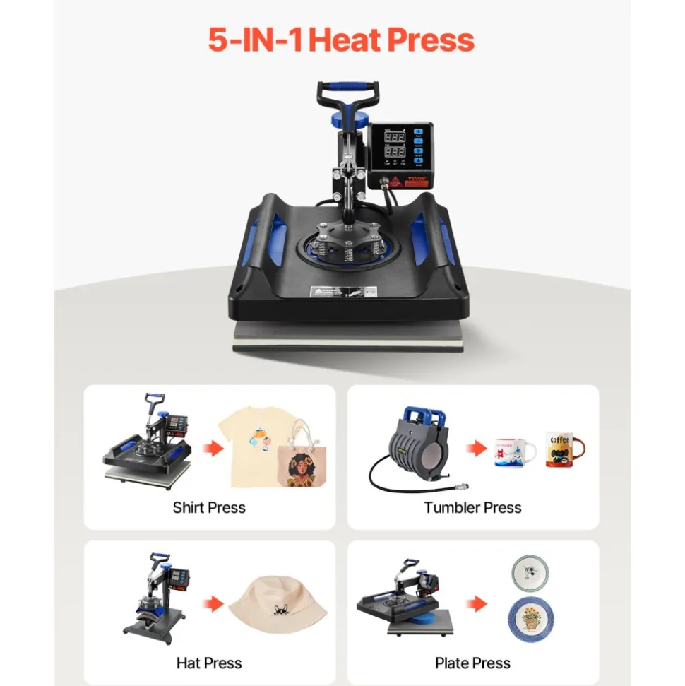 VEVOR Heat Press, 15x15in Swing Away 5 in 1 Heat Press Machine, Digital Control Multifunctional Device, Quick Heating with Safety Features, Ideal for T-shirts, Hats, Caps, Mugs, Plates