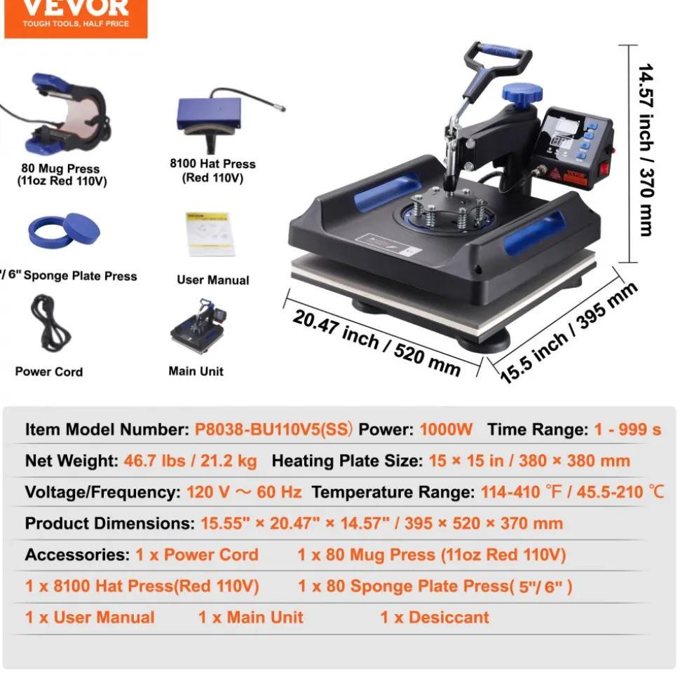 VEVOR Heat Press, 15x15in Swing Away 5 in 1 Heat Press Machine, Digital Control Multifunctional Device, Quick Heating with Safety Features, Ideal for T-shirts, Hats, Caps, Mugs, Plates