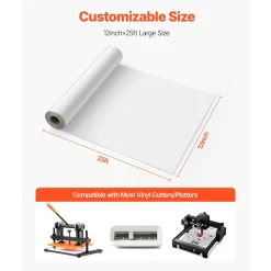 VEVOR Heat Transfer Vinyl, 12 in x 25 ft, Glossy White HTV Iron on Vinyl Roll, Easy to Cut and Weed, Strong Adhesion, Compatible with Cutting Machines, for Various Materials, T-shirts, Pillows, Hats