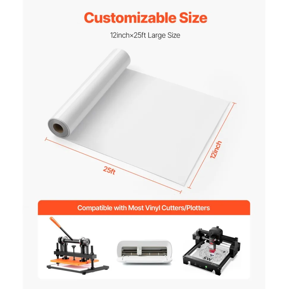 VEVOR Heat Transfer Vinyl, 12 in x 25 ft, Glossy White HTV Iron on Vinyl Roll, Easy to Cut and Weed, Strong Adhesion, Compatible with Cutting Machines, for Various Materials, T-shirts, Pillows, Hats