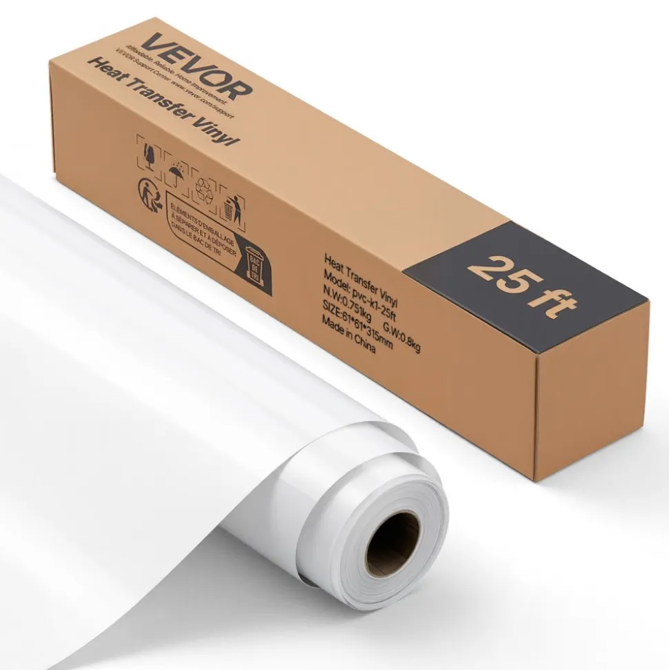 VEVOR Heat Transfer Vinyl, 12 in x 25 ft, Glossy White HTV Iron on Vinyl Roll, Easy to Cut and Weed, Strong Adhesion, Compatible with Cutting Machines, for Various Materials, T-shirts, Pillows, Hats