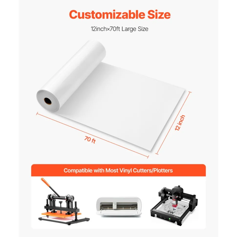 VEVOR Heat Transfer Vinyl, 12 in x 70 ft, Glossy White HTV Iron on Vinyl Roll, Easy to Cut and Weed, Strong Adhesion, Compatible with Cutting Machines, for Various Materials, T-shirts, Pillows, Hats