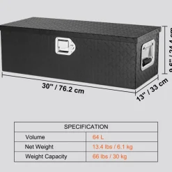 VEVOR Heavy Duty Aluminum Truck Bed Tool Box, Diamond Plate Tool Box with Side Handle and Lock Keys, Storage Tool Box Chest Box Organizer for Pickup, RV, Trailer, Truck Bed, 30