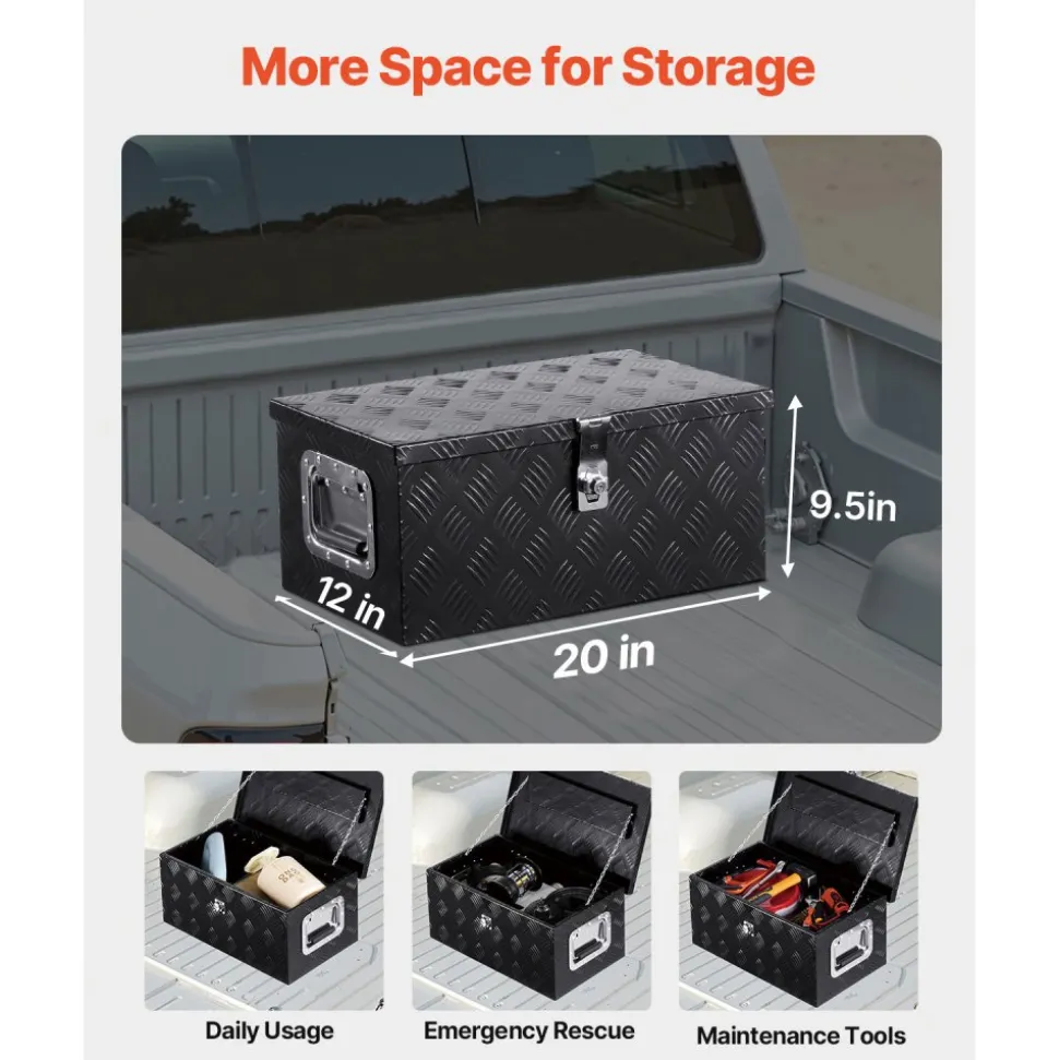 VEVOR Heavy Duty Aluminum Truck Bed Tool Box, Stripes Plated Tool Box with Side Handle and Lock Keys, Storage Toolbox Chest Organizer for Trailer, Pickup, Truck Bed, RV, 20"x12"x9.5", Black