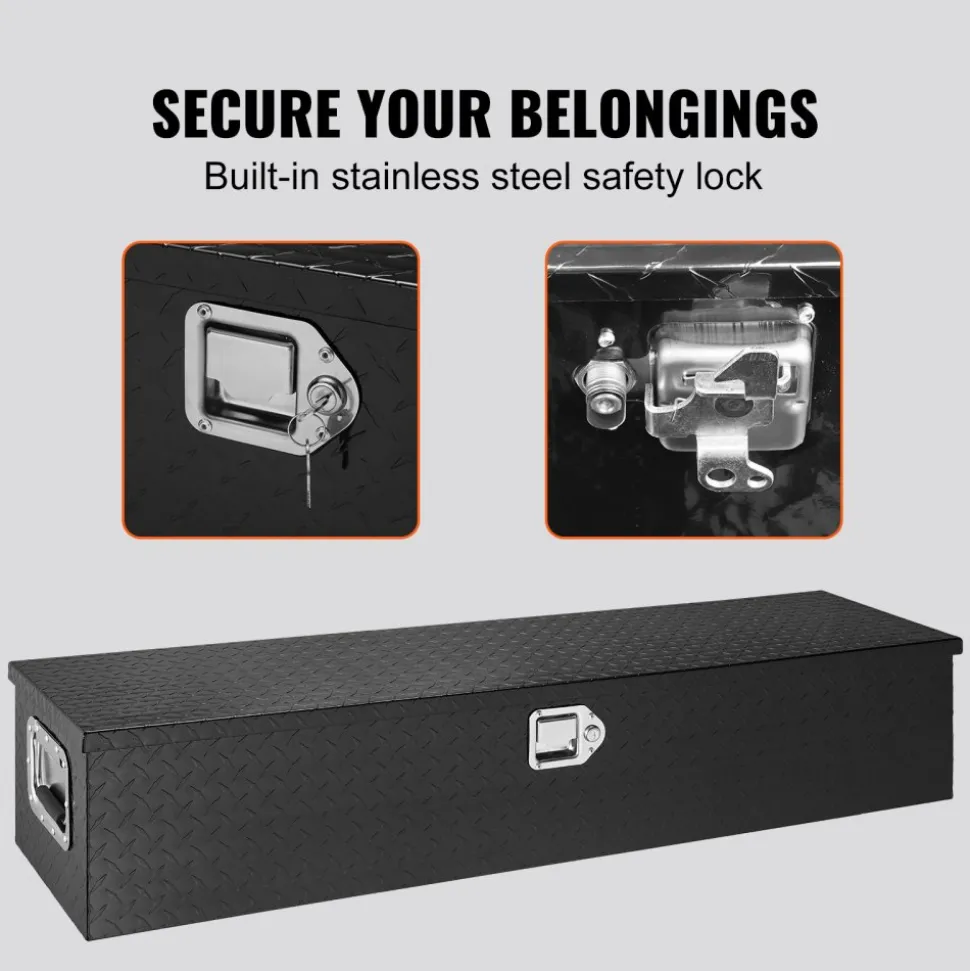 VEVOR Heavy Duty Aluminum Truck Bed Tool Box, Diamond Plate Tool Box with Side Handle and Lock Keys, Storage Tool Box Chest Box Organizer for Pickup, Truck Bed, RV, Trailer, 48"x15"x15", Black
