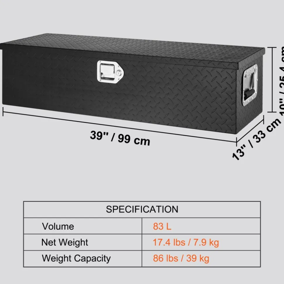 VEVOR Heavy Duty Aluminum Truck Bed Tool Box, Diamond Plate Tool Box with Side Handle and Lock Keys, Storage Tool Box Chest Box Organizer for Pickup, Truck Bed, RV, Trailer, 39"x13"x10", Black