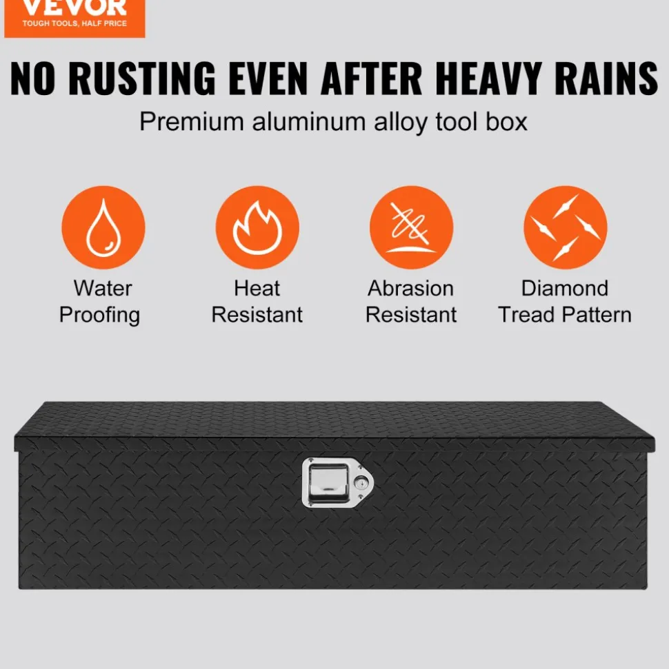 VEVOR Heavy Duty Aluminum Truck Bed Tool Box, Diamond Plate Tool Box with Side Handle and Lock Keys, Storage Tool Box Chest Box Organizer for Pickup, Truck Bed, RV, Trailer, 39"x13"x10", Black