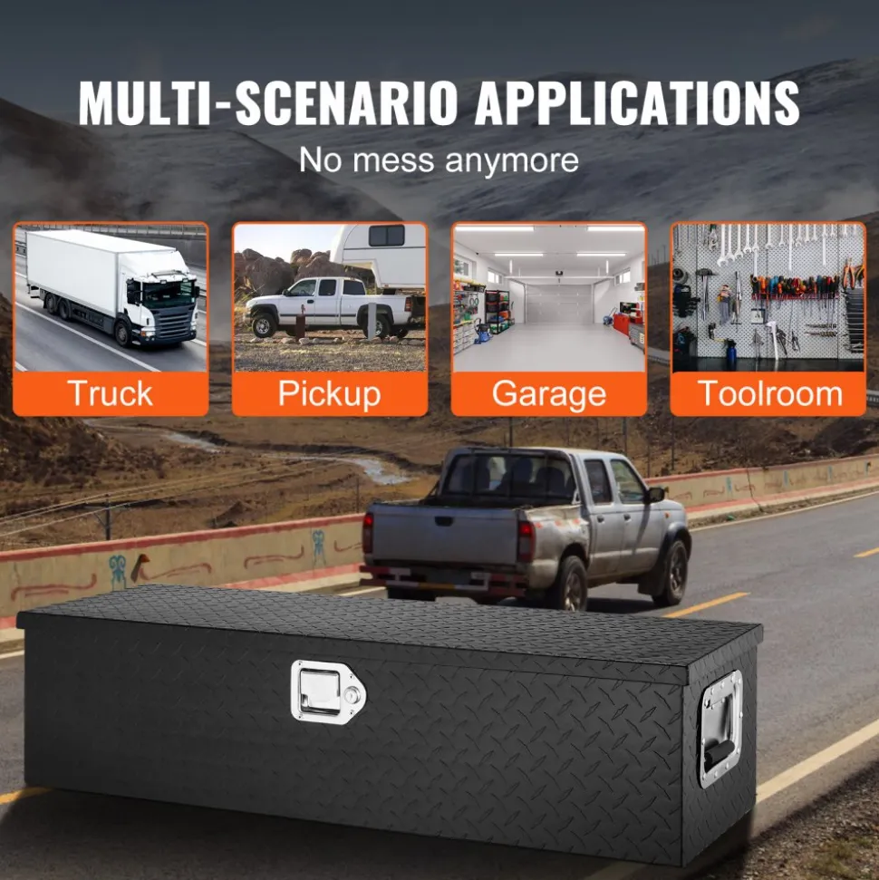 VEVOR Heavy Duty Aluminum Truck Bed Tool Box, Diamond Plate Tool Box with Side Handle and Lock Keys, Storage Tool Box Chest Box Organizer for Pickup, Truck Bed, RV, Trailer, 39"x13"x10", Black