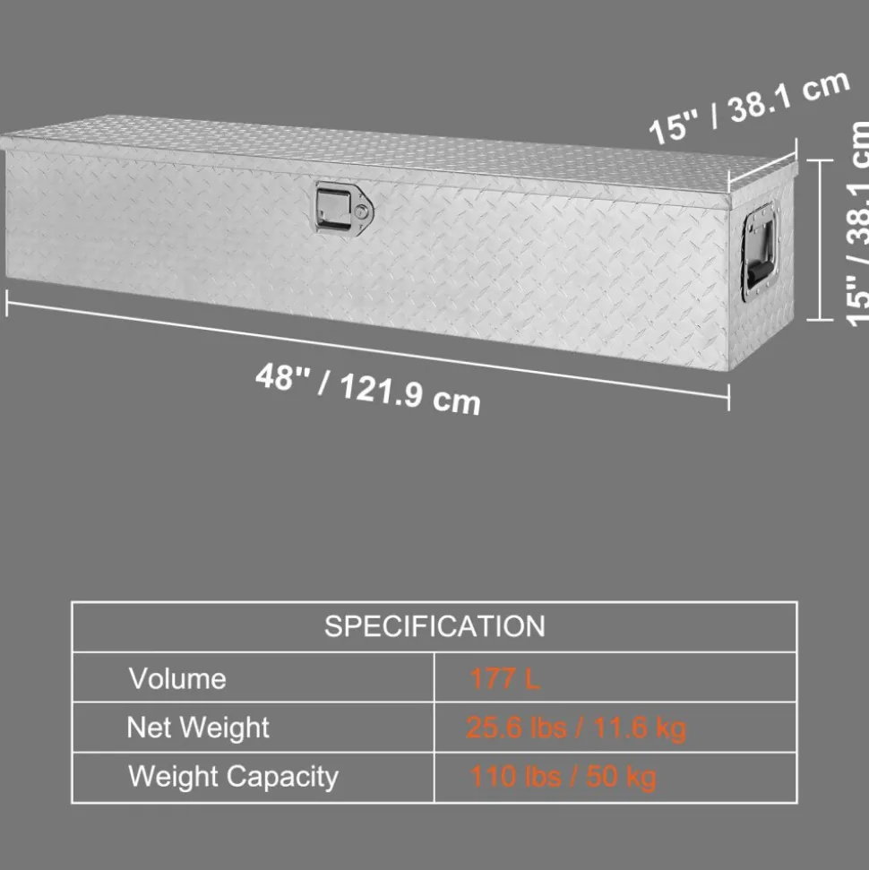 VEVOR Heavy Duty Aluminum Truck Bed Tool Box, Diamond Plate Tool Box with Side Handle and Lock Keys, Storage Tool Box Chest Box Organizer for Pickup, Truck Bed, RV, Trailer, 48"x15"x15", Silver