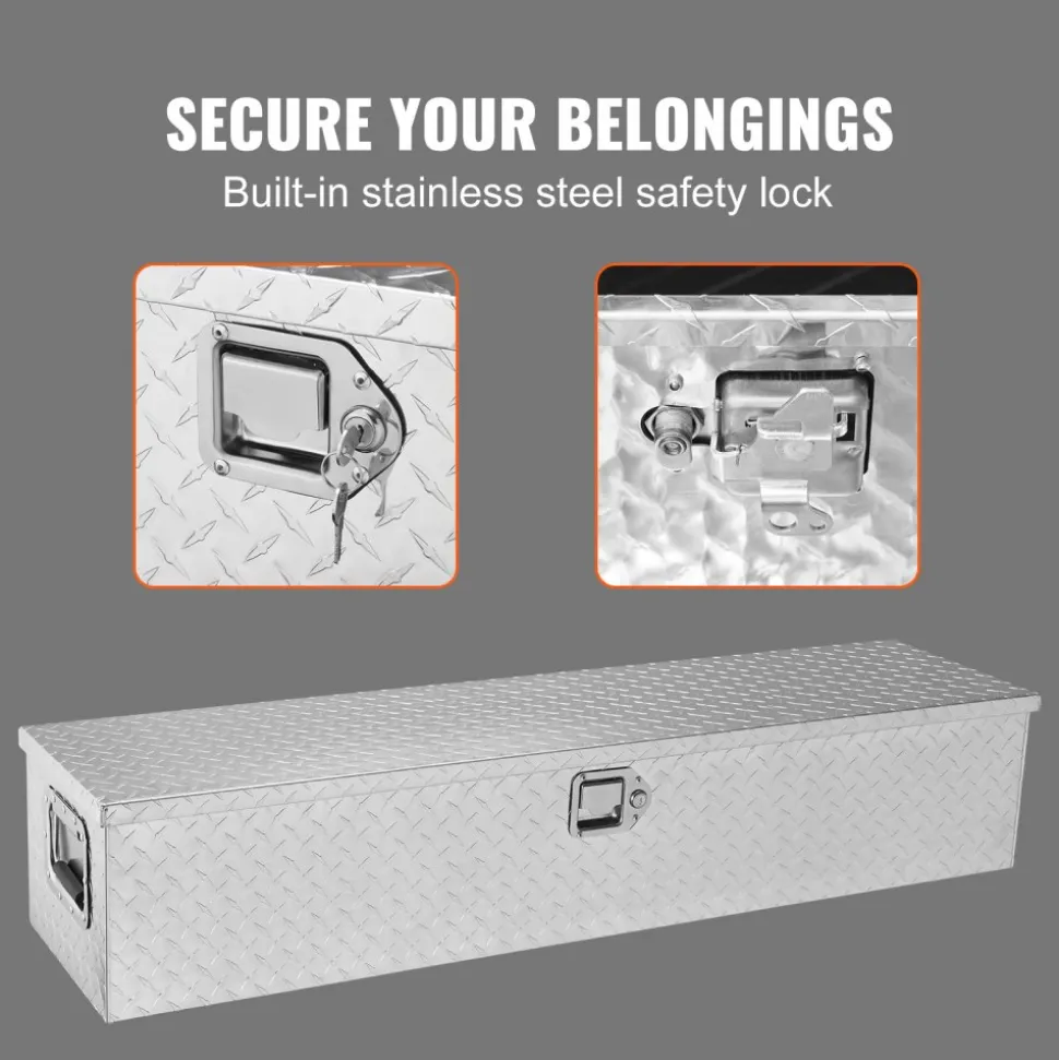VEVOR Heavy Duty Aluminum Truck Bed Tool Box, Diamond Plate Tool Box with Side Handle and Lock Keys, Storage Tool Box Chest Box Organizer for Pickup, Truck Bed, RV, Trailer, 48"x15"x15", Silver