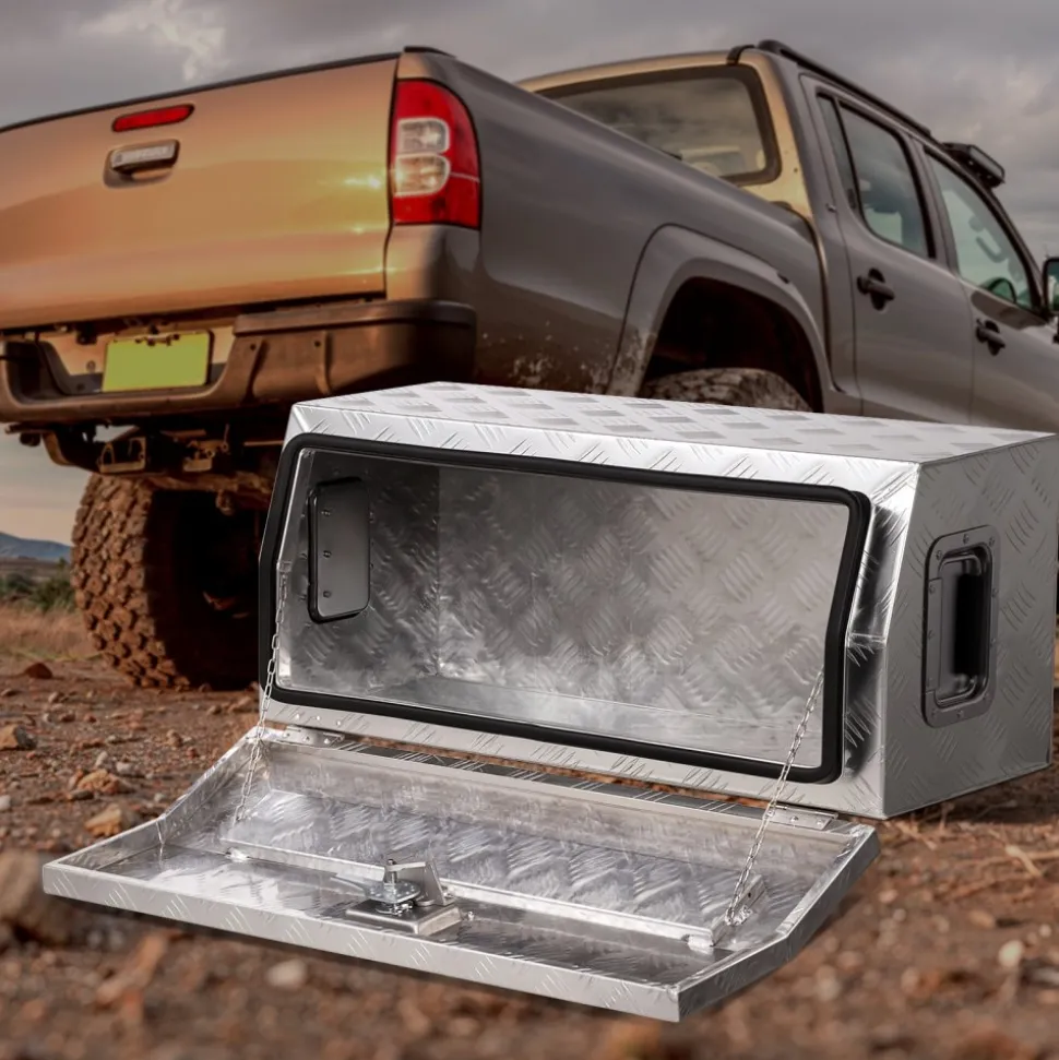 VEVOR Heavy Duty Aluminum Truck Bed Tool Box, Stripes Plated Tool Box with Side Handle and T-Lock Keys, Storage Toolbox Chest Organizer for Trailer, Pickup, Truck Bed, RV, 30"x13"x13", Silver