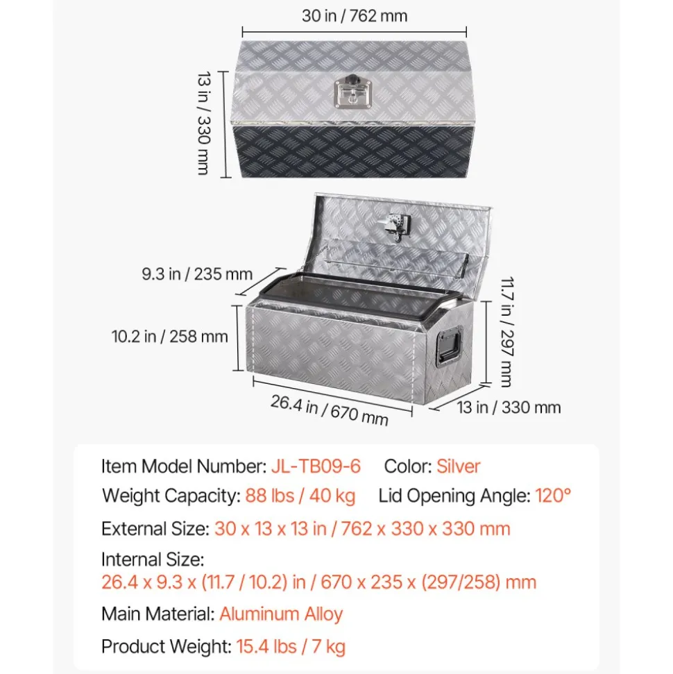 VEVOR Heavy Duty Aluminum Truck Bed Tool Box, Stripes Plated Tool Box with Side Handle and T-Lock Keys, Storage Toolbox Chest Organizer for Trailer, Pickup, Truck Bed, RV, 30"x13"x13", Silver
