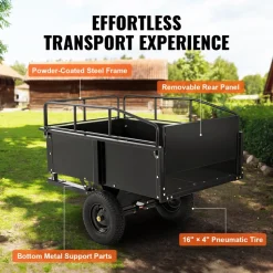 VEVOR Heavy Duty ATV Trailer Steel Dump Cart, 750-Pound 15 Cubic Feet, Garden Utility Trailer with Removable Sides for Riding Lawn Mower Tractor