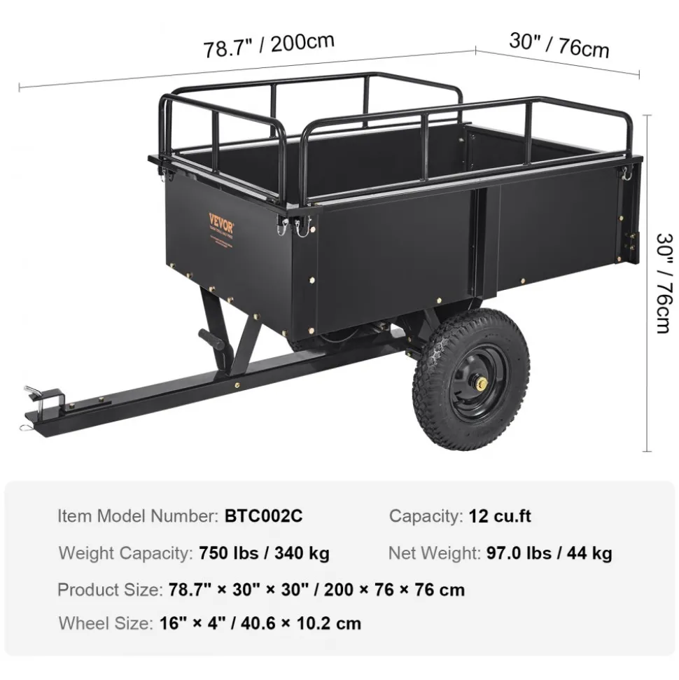 VEVOR Heavy Duty ATV Trailer Steel Dump Cart, 750-Pound 15 Cubic Feet, Garden Utility Trailer with Removable Sides for Riding Lawn Mower Tractor