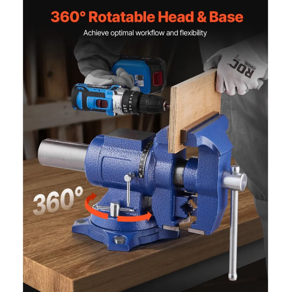 VEVOR Heavy Duty Bench Vise, 6-1/2" Jaw Width, 5" Max Jaw Opening Multi-Purpose Ductile Iron Bench Vise with Anvil, 360° Swivel Base Head, 3" Throat, 5620 lbs Clamp Force, for Pipe Repairing Metalworking