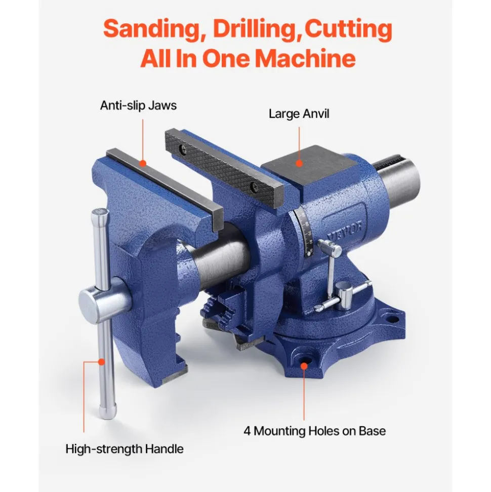 VEVOR Heavy Duty Bench Vise, 6-1/2" Jaw Width, 5" Max Jaw Opening Multi-Purpose Ductile Iron Bench Vise with Anvil, 360° Swivel Base Head, 3" Throat, 5620 lbs Clamp Force, for Pipe Repairing Metalworking