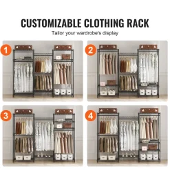 VEVOR Heavy Duty Clothes Rack, Rolling Clothing Garment Rack with 4 Hang Rods & 8 Storage Tiers, Adjustable Custom Closet Rack, Freestanding Wardrobe for Hanging Clothes, 800 lbs Load Capacity