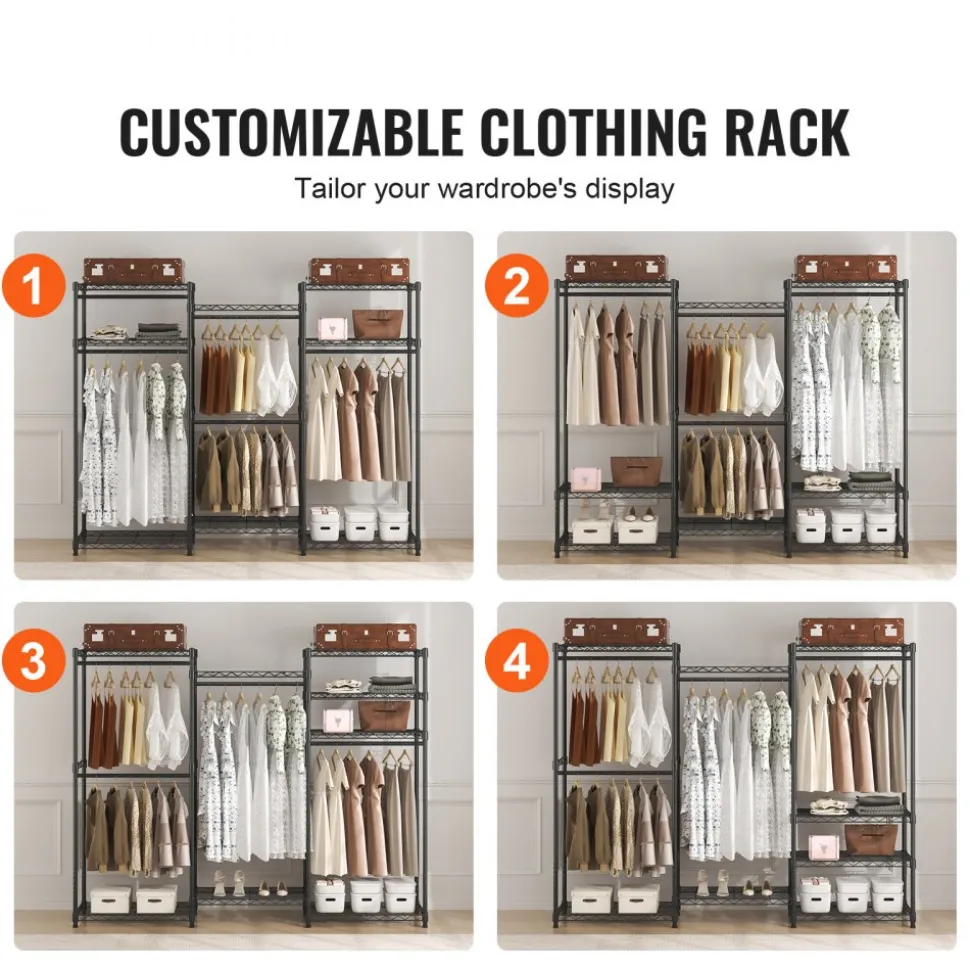 VEVOR Heavy Duty Clothes Rack, Rolling Clothing Garment Rack with 4 Hang Rods & 8 Storage Tiers, Adjustable Custom Closet Rack, Freestanding Wardrobe for Hanging Clothes, 800 lbs Load Capacity